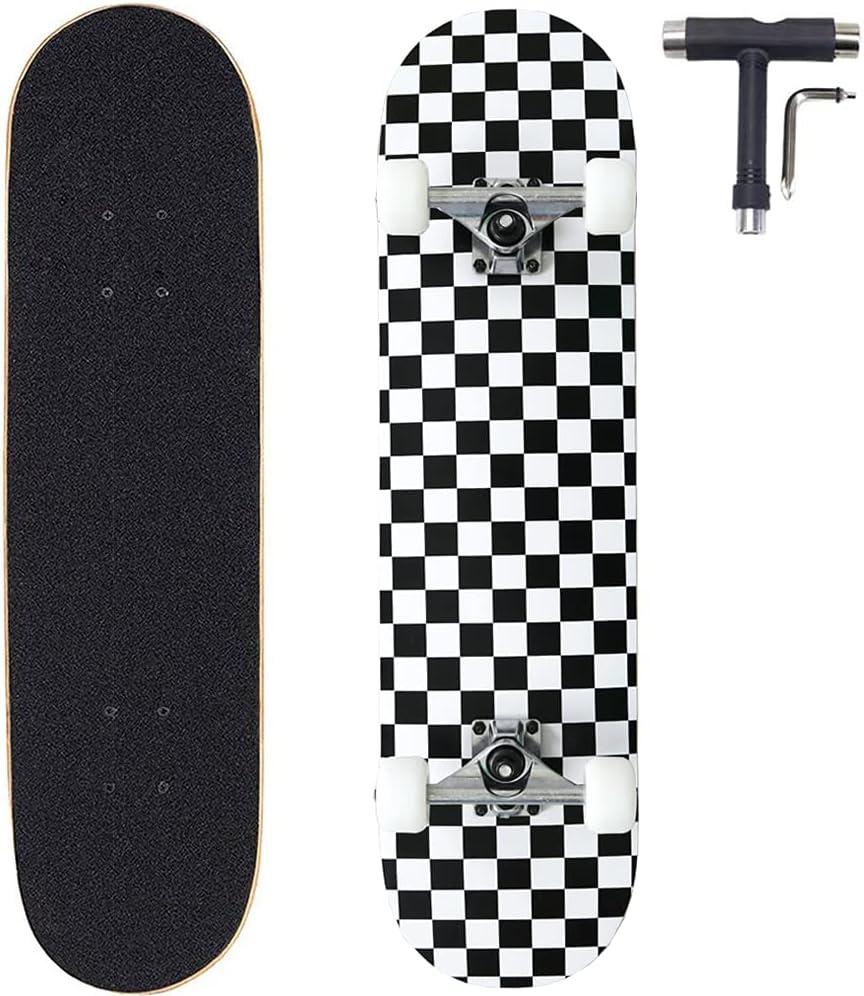 ANNEE 31x8 Inch Pro Skateboard Complete,7 Layer Canadian Maple Wood Double Kick Concave Skate Boards, Tricks Skateboards for Youths,Beginners,Girls,Boys,Kids,Teens,Adults (Black, White)