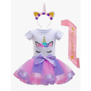 Little Girls Unicorn Birthday Party Outfit, Unicorn Tutu Dress, Headband, Shirt & Satin Sash, 2-4T
