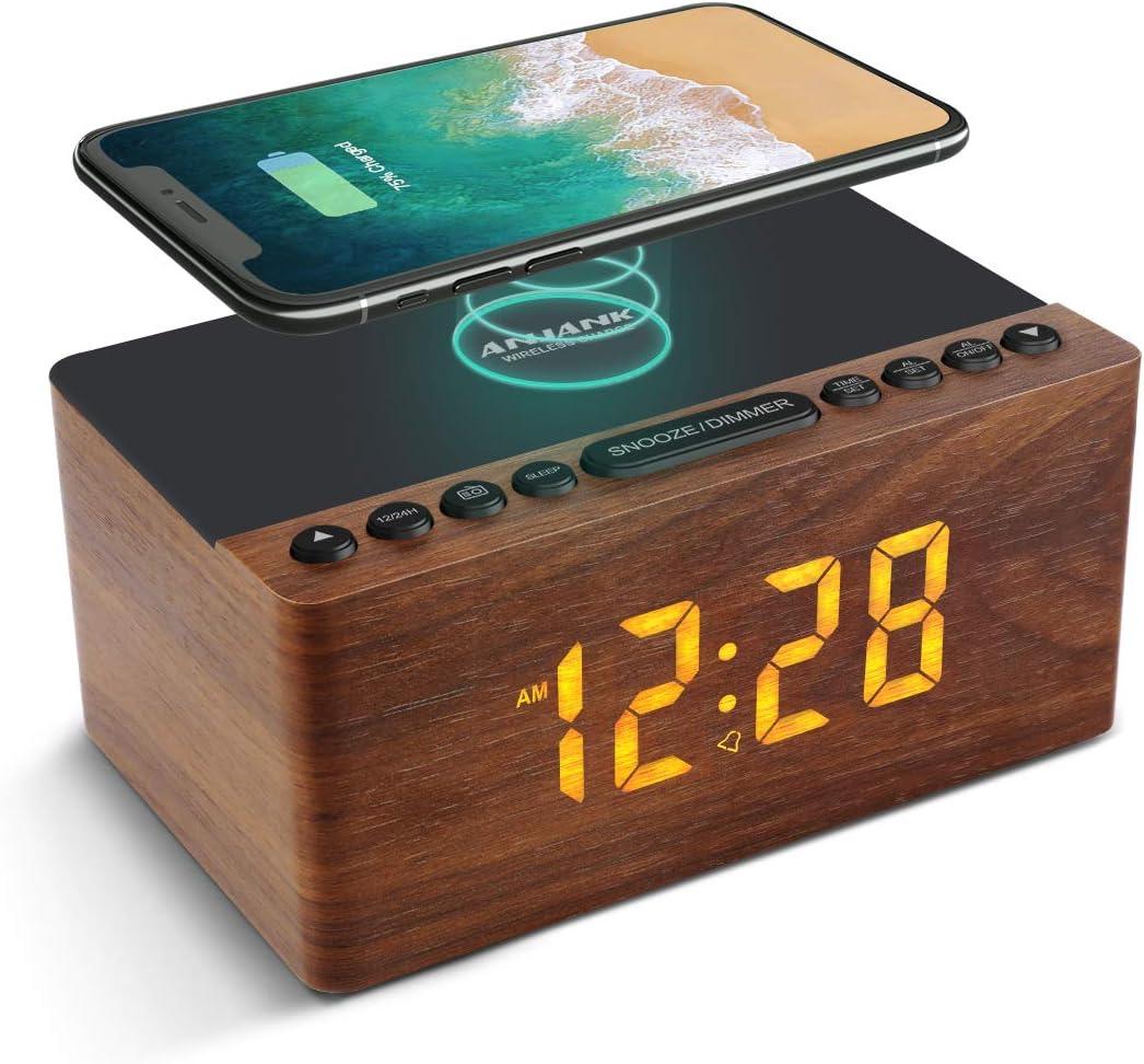 ANJANK Wooden Digital LED Alarm Clock FM Radio, Fast Wireless Charger Station for iPhone/Samsung Galaxy, 5 Level Dimmer, USB Charging Port, 9 Sounds, Sleep Timer for Bedroom, Bedside, Desk (Brown)