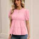 Rapbin Womens Puff Short Sleeve Babydoll Tops Summer Peplum Pleated Cotton T Shirts Casual Loose Fit Flowy Blouses (Pink, S)