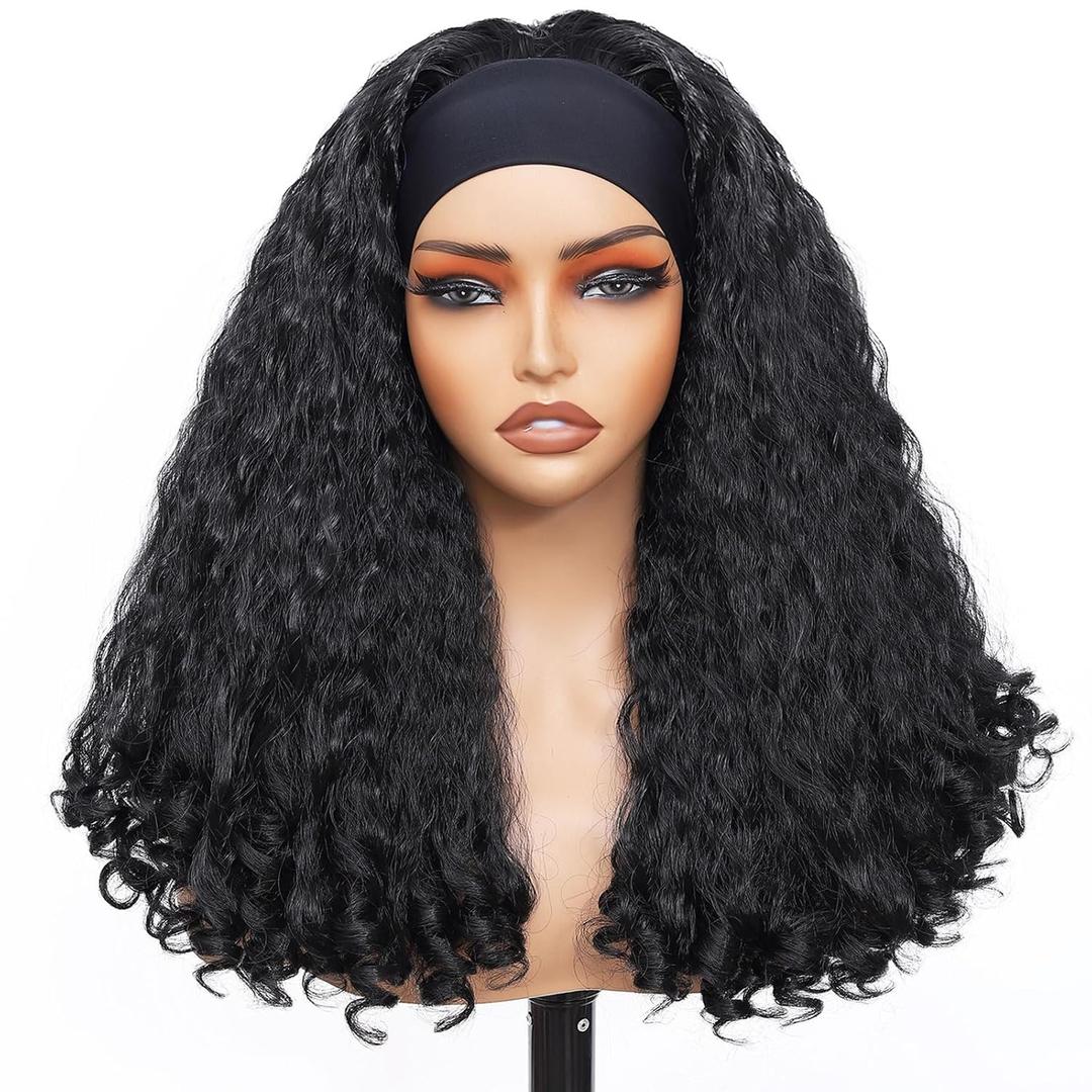 Headband Wig 20 Inch Afro Curly Wigs for Black Women, Braided hair Texture With Unique Bouncy Curls in the Ends, Wear and Go Glueless Half Wig with Headbands Attached (Headband Wig-Black)