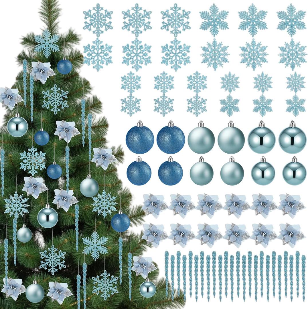 Soulchen 72 Pcs Christmas Tree Decorations Set, Blue Hanging Icicles Ornaments Shatterproof Christmas Balls Glitter Snowflakes Ornament Poinsettia Flowers for Xmas Tree Party Decor