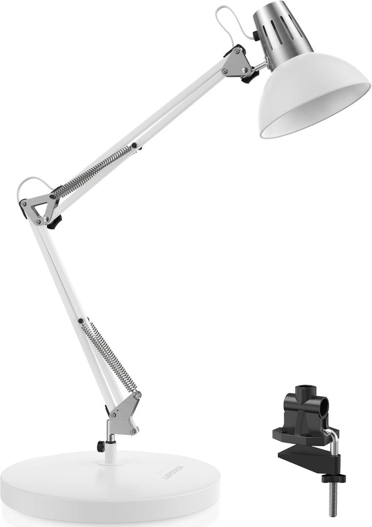 LEPOWER Metal Desk Lamp, Adjustable Goose Neck Architect Table Lamp with On/Off Switch, Swing Arm Desk Lamp with Clamp, Eye-Caring Reading Lamp for Bedroom, Study Room &Office (White)