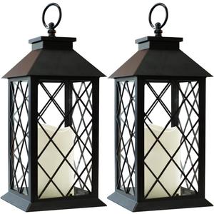 Bright Zeal Pack of 2 13.5" Vintage Candle Lantern with LED Pillar Candle (Black, 6hr Timer) - IP44 Waterproof Battery Powered Decorative Light - Outdoor Patio Hanging Lantern Decorative Tabletop Light