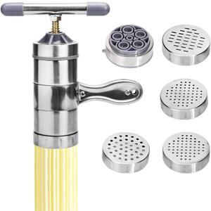 Manual Noodle Pasta Maker Spaghetti Kitchen Tool Stainless Steel Press Machine Press Machine Pasta Maker with 5 Noodle Mould Fruit Juicer Squeezer (18.5x14cm)