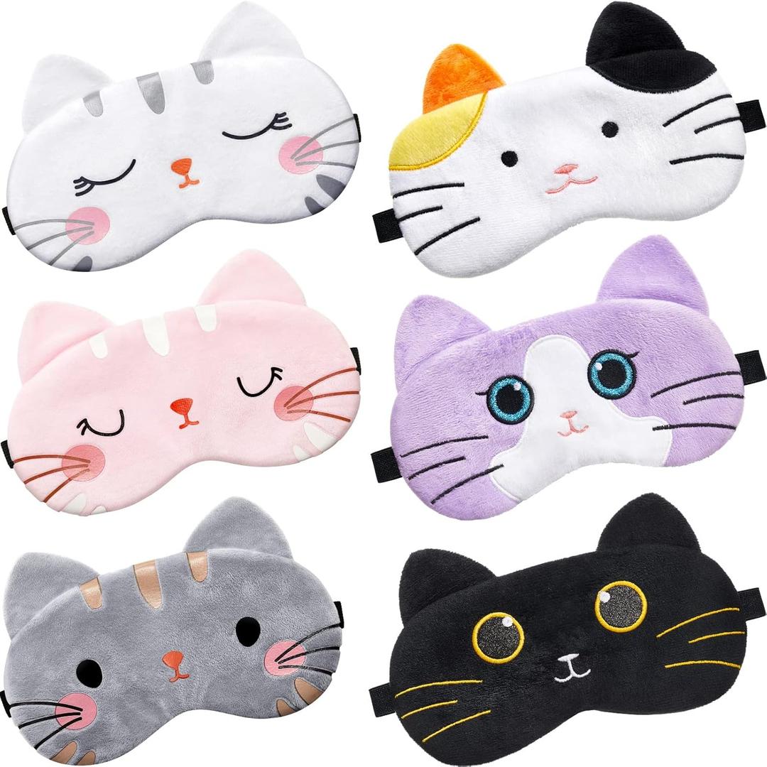 Vicenpal 6 Pcs Kids Sleep Mask Cute Cat Animal Sleeping Eye Cover Soft Lightweight Eyeshade Kawaii Sleeping Mask Funny Cat Blindfolds for Women Girls Teens Kitty Slumber Birthday Party Favors