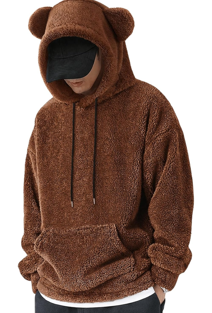 Men's Bear Ear Hoodies Drawstring Long Sleeve Fleece Sweatshirt Fuzzy Pullover Tops Size Large