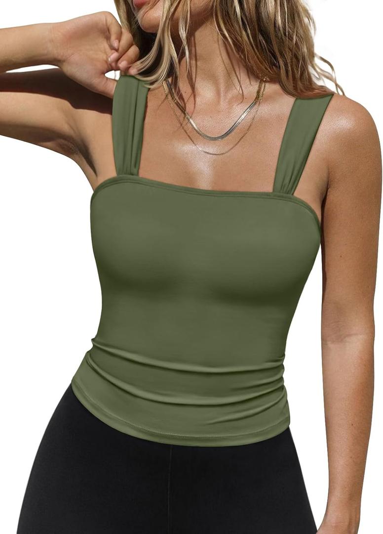 Trendy Queen Women Going Out Tank Top Summer 2025 Square Neck Crop Top Fitted Clothes Sexy Camisole Green M