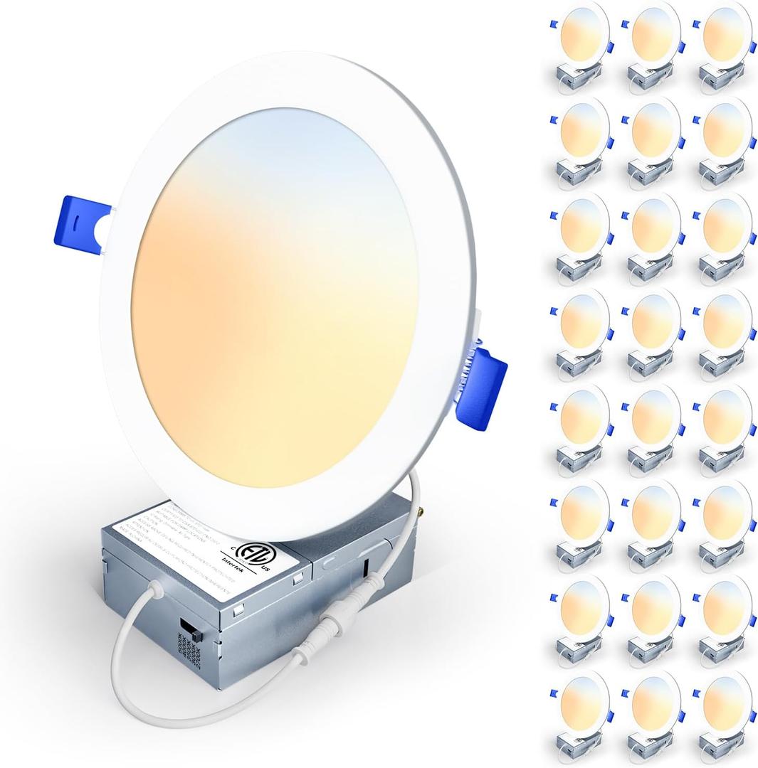 24 Pack 6 Inch 5CCT LED Recessed Light, Silm Canless Recessed Lighting, Dimmable, Damp Rated, 2700K-5000K Selectable, Wafer Ceiling Downlight with Junction Box, 1200LM, 12W 120V, ETL&FCC