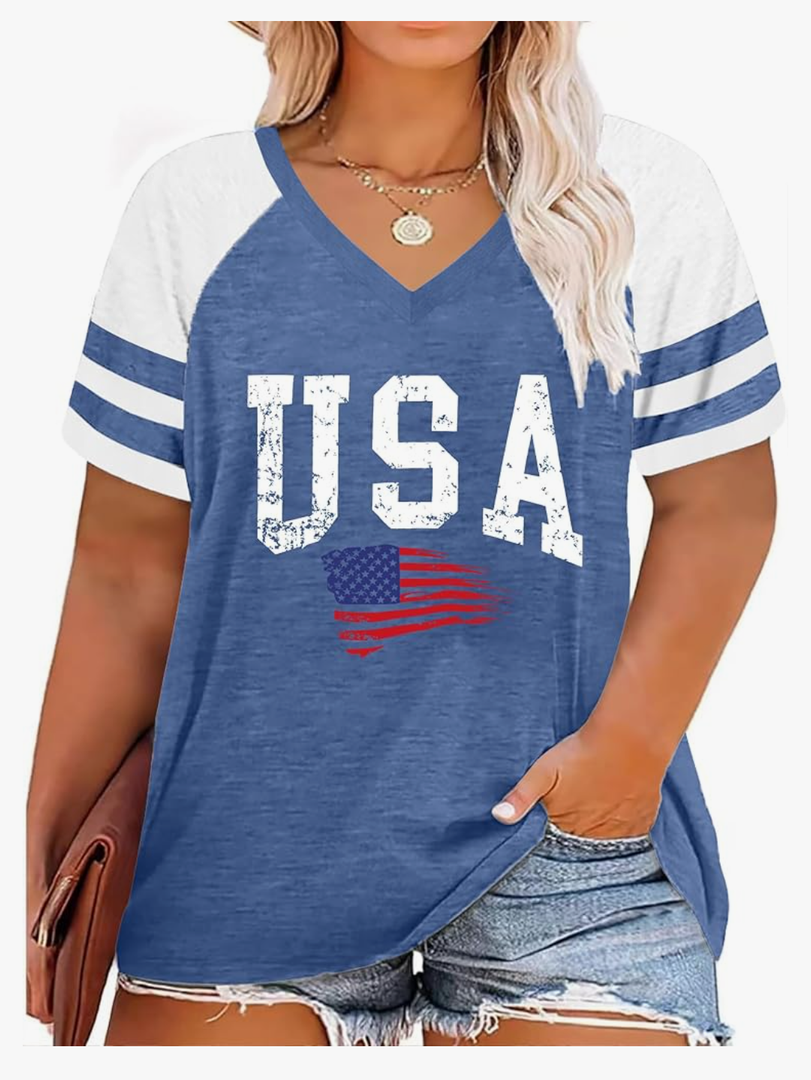 Plus Size Tops American Flag Shirts Womens V Neck Patriotic Tshirt USA Graphic Tee 4th of July T-Shirt Blue 2 XL