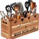 Kitchen Utensil Holder, Large Acacia Wood Organizer for Countertop | Extra Large Farmhouse Style with 4 Compartments, Rustic Wooden Storage for Cooking Tools & Cutlery