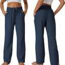 SEMARO Womens Casual Linen High Waist Pants Drawstring Loose Fit Summer Pants Trousers with Side Pockets (Blue, S)