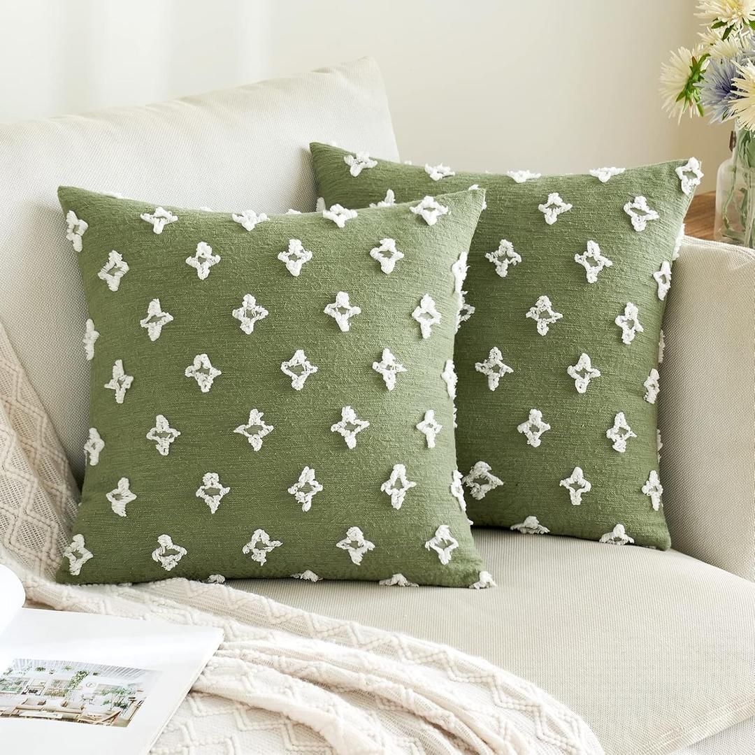 ANRODUO Pack of 2 Sage Green Floral Boho Decorative Throw Pillow Covers with Tufted Rhombic Jacquard for Room Decor Pillow Covers 18x18 Cute and Soft Pillowcase for Couch Sofa and Living Room Fall