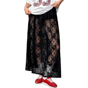 Verdusa Women's See Through Lace Skirts Elastic High Waist Sheer A Line Long Skirt (Medium, Black)