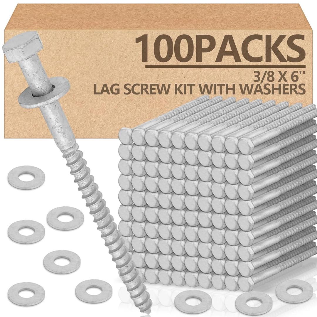 Tandefio 100 Pack 3/8 x 6'' Lag Bolts Screw Kit with Washers Hot Dip Galvanized Hex Lag Bolts Heavy Duty Wood Screws for Wood Decks Fences