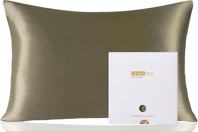 ZIMASILK 100% Pure Mulberry Silk Pillowcase for Hair and Skin Health,Soft and Smooth,Both Sides Premium Grade 6A Silk,600 Thread Count,with Hidden Zipper,1pc(Standard 20''x26'',Olive Gray)