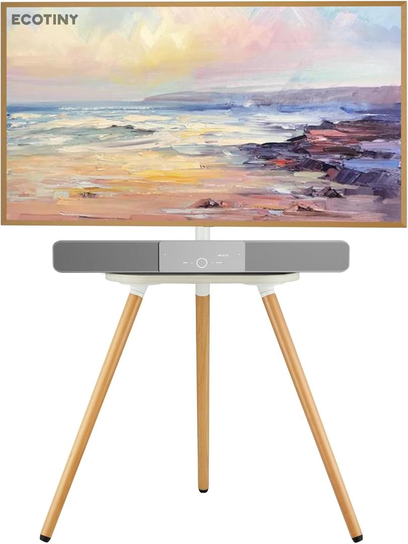 Tripod Easel TV Stand for 43x65 Inch TVs, Height Adjustable Swivel Floor Stand with Wooden Tray and Cable Management, VESA 400x400, Minimalist White