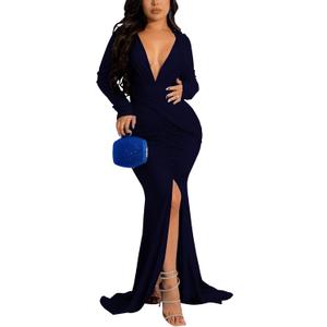 Women's Elegant Formal Mermaid Maxi Dress Off Shoulder Long Sleeve Wedding Split Evening Gown Prom Cocktail Party Dresses (Blue, L)
