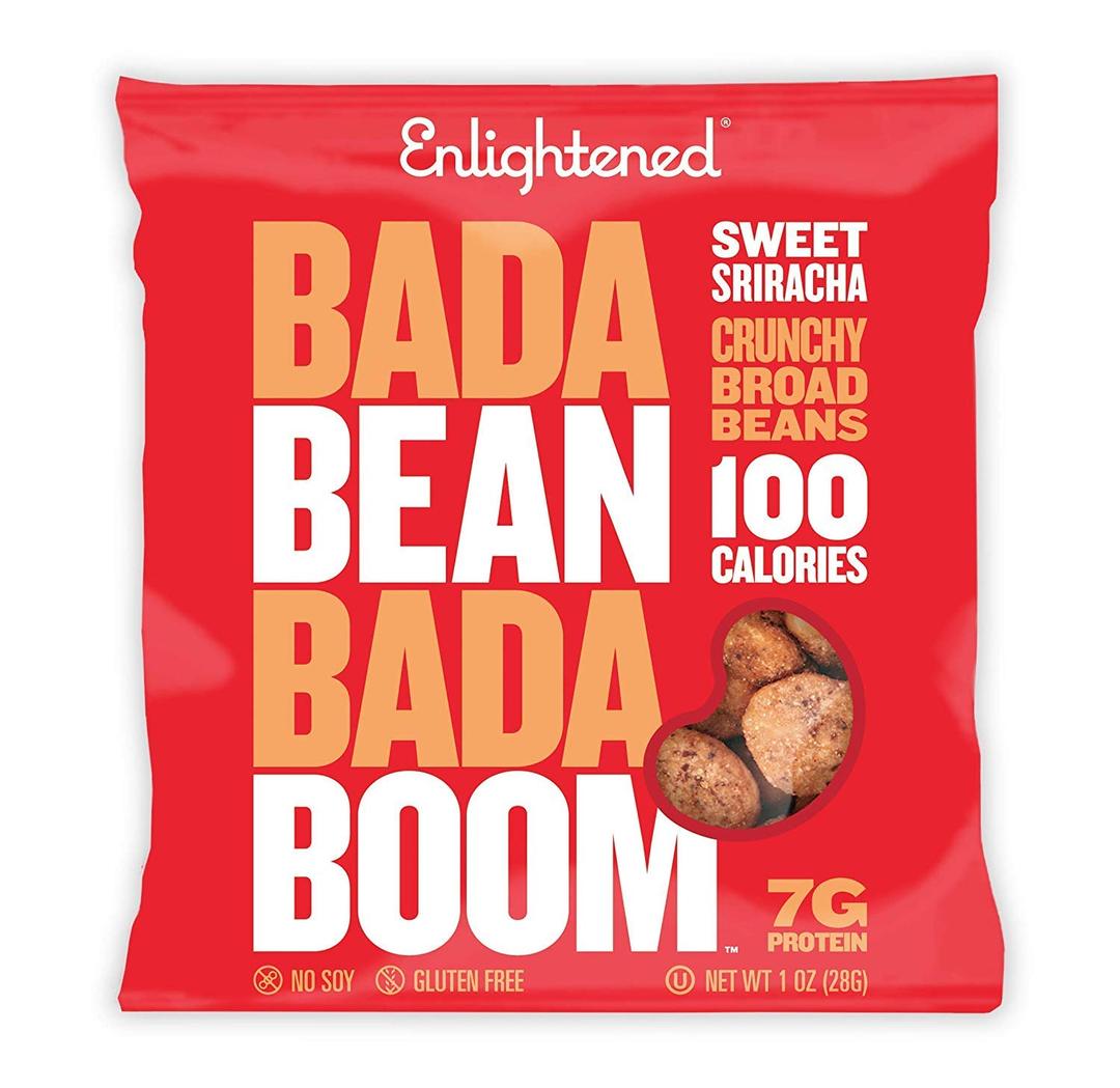 Enlightened Bada Bean Bada Boom - Plant-Based Protein, Gluten Free, Vegan, Crunchy Roasted Broad (Fava) Bean Snacks, 110 Calories per Serving, Sriracha, 1 oz, 24 Pack (EXP 05/05/26)