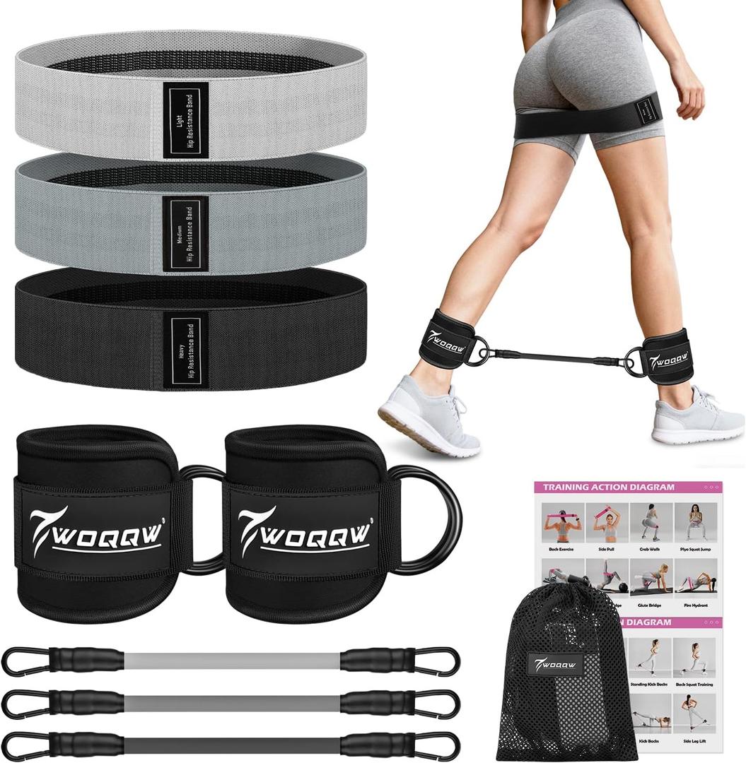 WOQQW Resistance Bands Set - Ankle Resistance Bands with Cuffs for Legs & Glute Workout, Fabric Booty Bands for Women, Home Gym Exercise Equipment for Hip, Pilates, Fitness, Yoga, Physical Therapy (Black)
