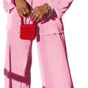 kaimimei Casual 2 Piece Outfit for Women - Linen Long Sleeve Button Down Shirt + Flare Pleated Wide Leg Pants Sets Streetwear (Medium, Pink)