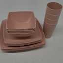 Teivio 16-piece Plastic Wheat Straw Square Dinnerware Set for 4, Unbreakable Dinner Plates, Salad Plates, Snack Bowls, Tumblers 20 oz, Dishwasher Safe, Pink
