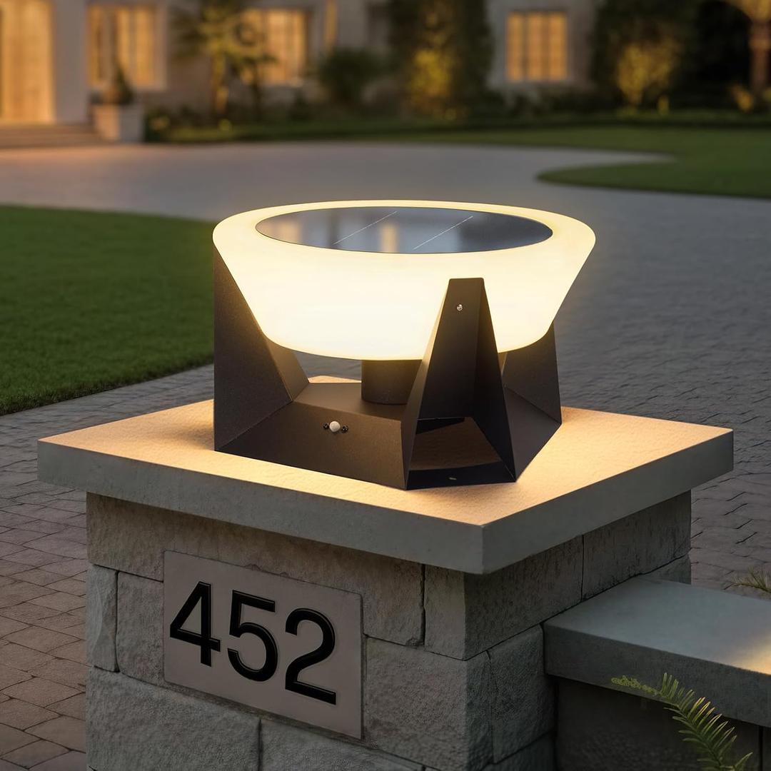 MVBT Solar Post Lights Outdoor, 15" Solar Column Lights Outdoor Large, IP54 Waterproof Modern Pillar Light, 3000K LED Bulb Dusk to Dawn Column Lamp, Round Post Lighting for Patio Deck Yard Garden, 15"W8.5"H