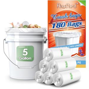 5 Gallon 180 Counts (fit 4.5-5.3 Gal) Small Strong Trash Bags Garbage Bags by RayPard, 18-20 Liter trash Bin Liners for Home Office Kitchen Bathroom Bedroom, 5 Gallon Bucket Liner, Clear