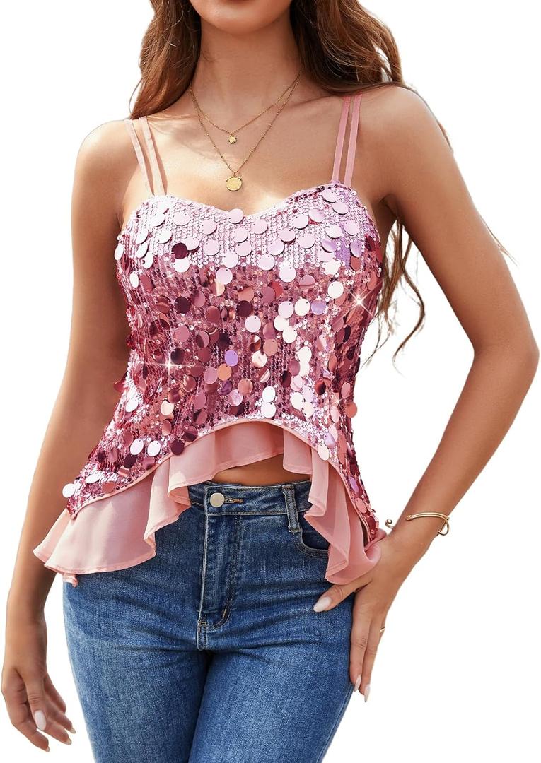 HomRain Women's Sexy Sequin Tops V Neck Strappy Casual Glitter Sparkly Camisole with Ruffle Party Sleeveless Tank Tops (Pink)