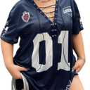 Floerns Women's Plus Size Number Jersey Shirts V Neck Lace Up Front Streetwear Tee Tops (Dark Blue) 4XL Plus 