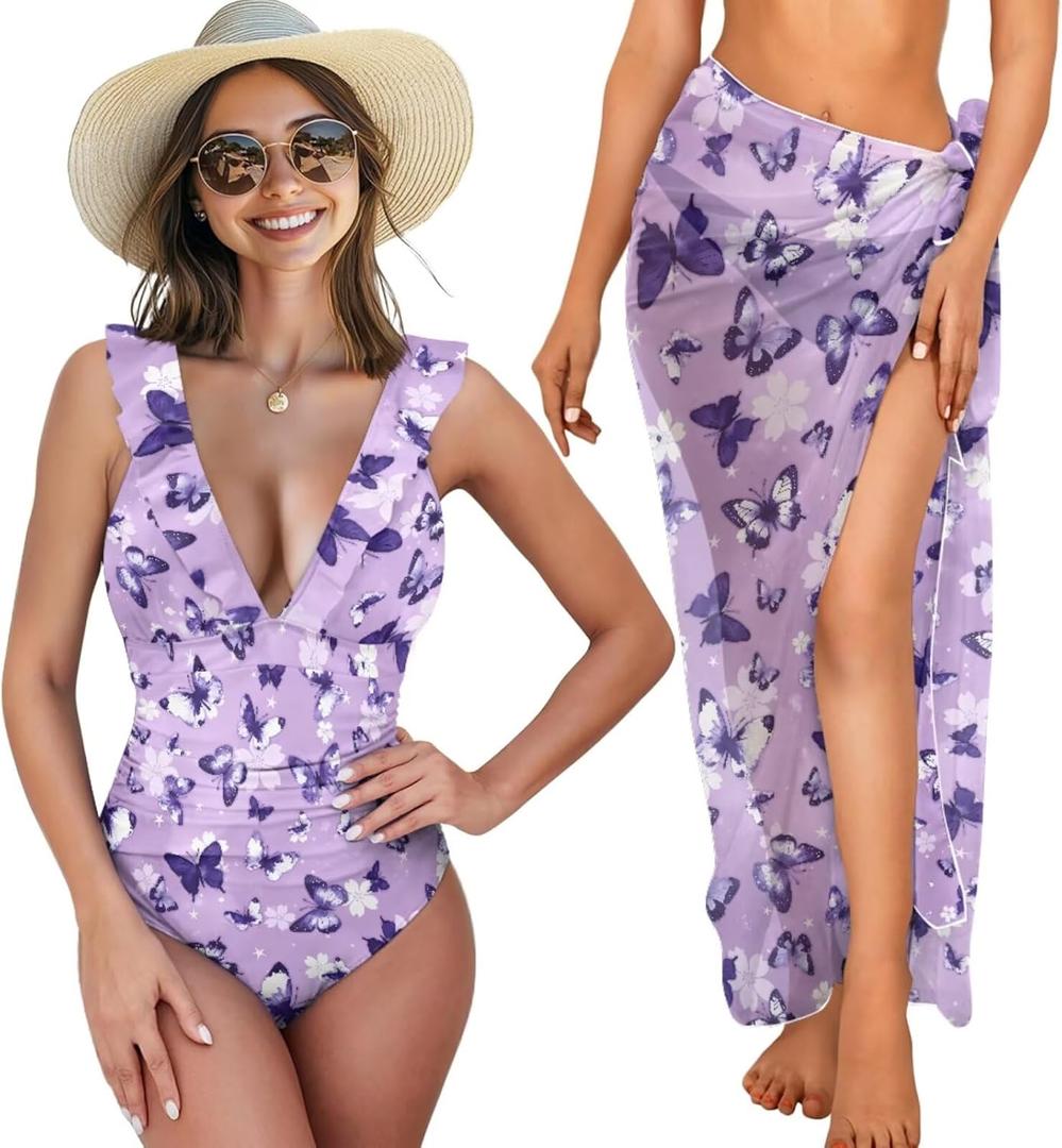 One Piece Swimsuit with Matching Cover Up Set for Women Ruffled Bathing Suit Swimwear with Long Bikini Wrap Skirt (X-Large, Purple Butterfly)
