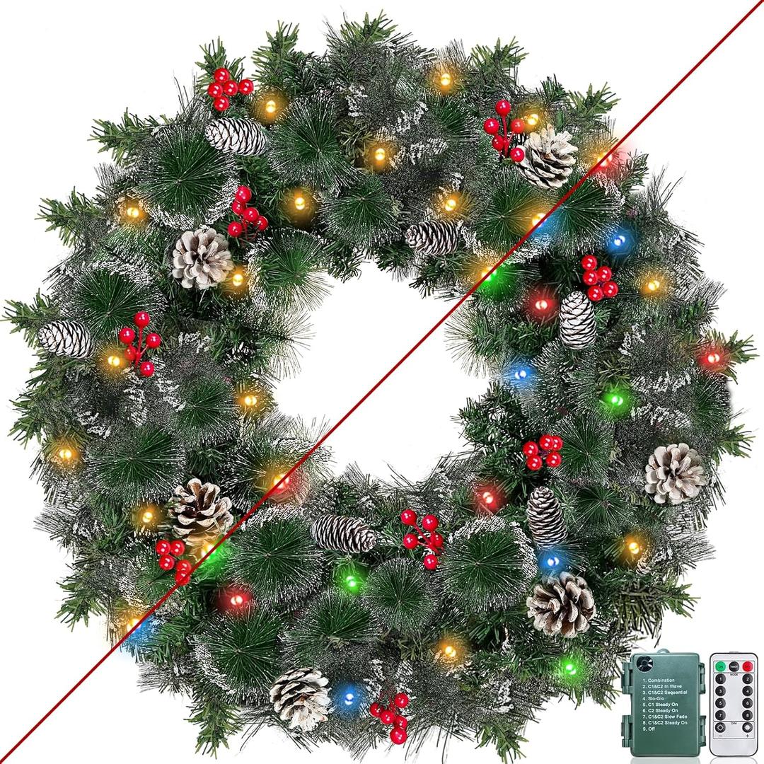 Remote Control 24 Inch Christmas Wreaths for Front Door Christmas Wreath with 50 Warm White & Colorful Lights 8 Mode Timer Snowy Bristle Pine Tips Pinecones Red Berried Xmas Wreath for Home Wall Porch