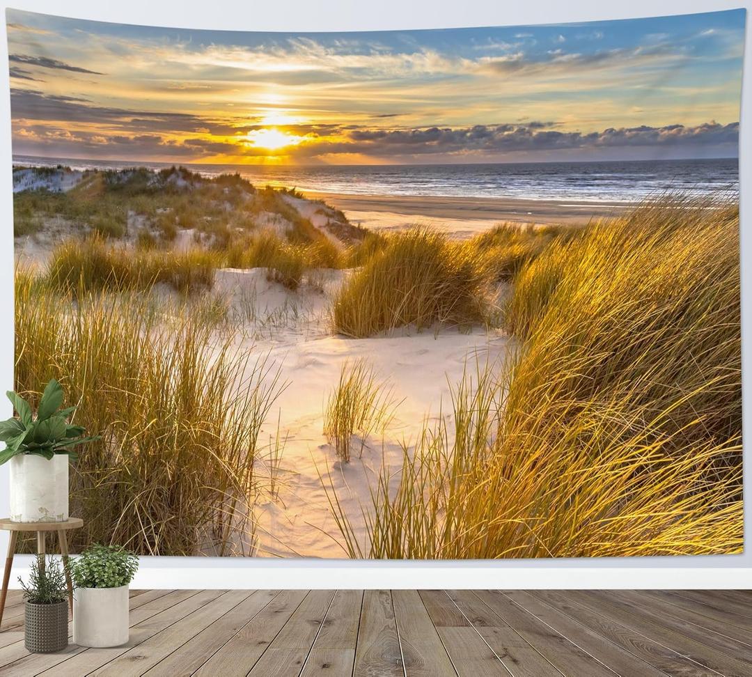HVEST Ocean Beach Tapestry Wall Hanging, Seaside Grass and Sunrise Sunset Wall Decor, Nature Landscape Tapestry for Living Room Bedroom Aesthetic Decor, 40L x 60W Inches (Orange)