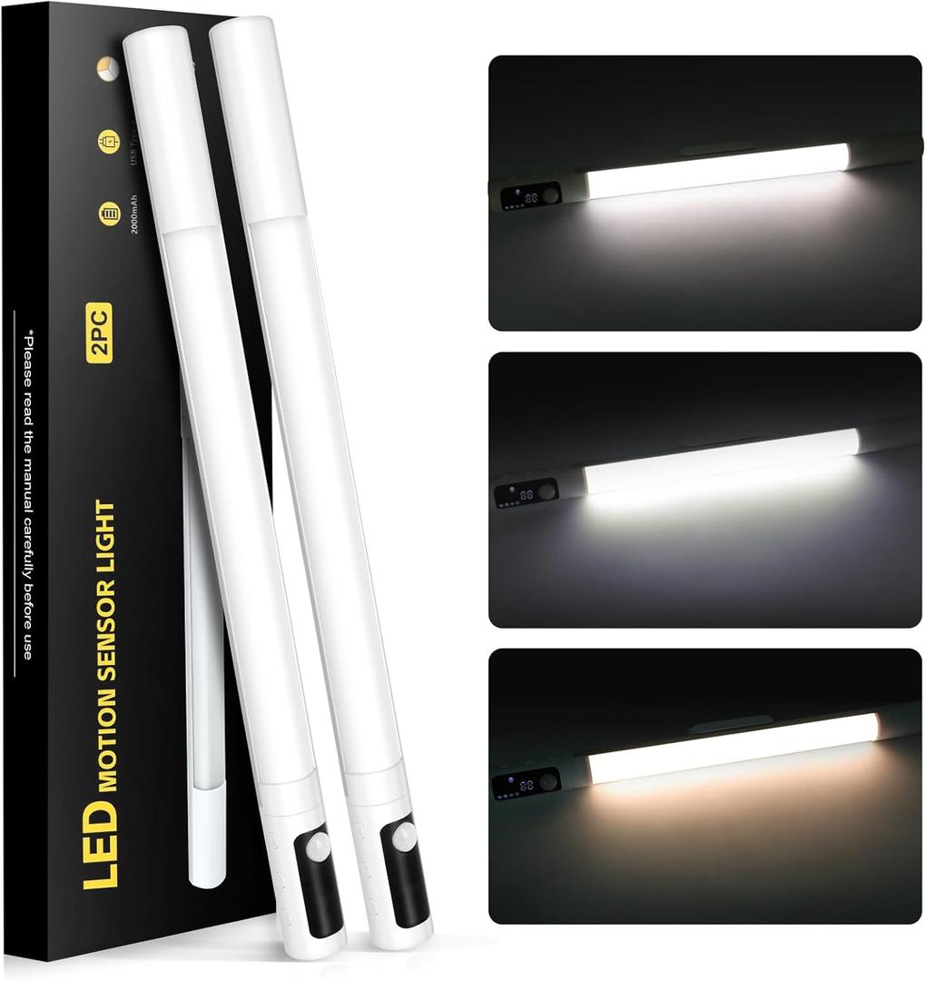 Under Cabinet Lighting,15.2" 2Pack Sensor Light Indoor with Battery Level Display Function,Closet Light can be Disassembled for Handheld use,wireless under cabinet lights fo Wardrobe,Bedroom, Kitchen (White)