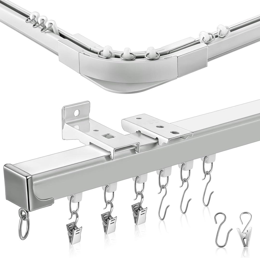 Juexica 3ft-13ft / 4 Meter Curtain Track Set with 90 Corner Bend Adjustable Aluminum Ceiling & Wall Mount Curtain Rail, L-shaped Divider Track for Living Room Bedroom with Roller Clips Hooks(White)