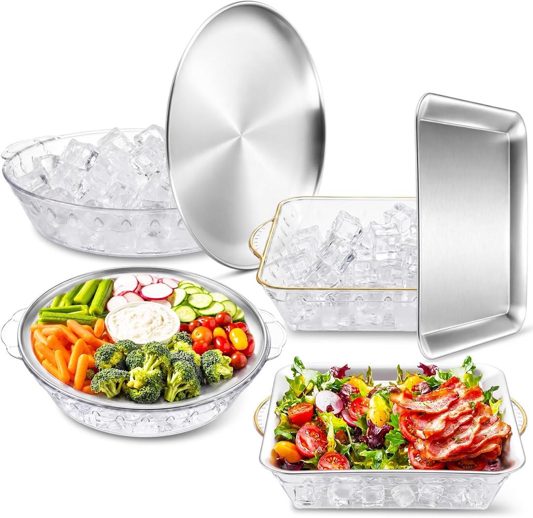 LemonRoad 4 Set 11.8" and 9" Chilled Serving Trays for Parties, Stainless Steel Serving Tray with Ice Underneath, Shrimp Cocktail Servings Dish, Cold Plate for Food Fruit Outdoor Party Keep Food Cold