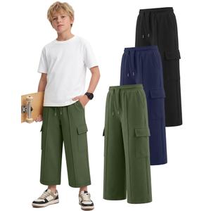 Langyiwee 3 Pack Boys Capri Pants Drawstring Elastic Waisted Teens Cargo Joggers Pull on Casual Sweatpants with Pockets(Army Green, Navy Blue, Black,11-12 Years)