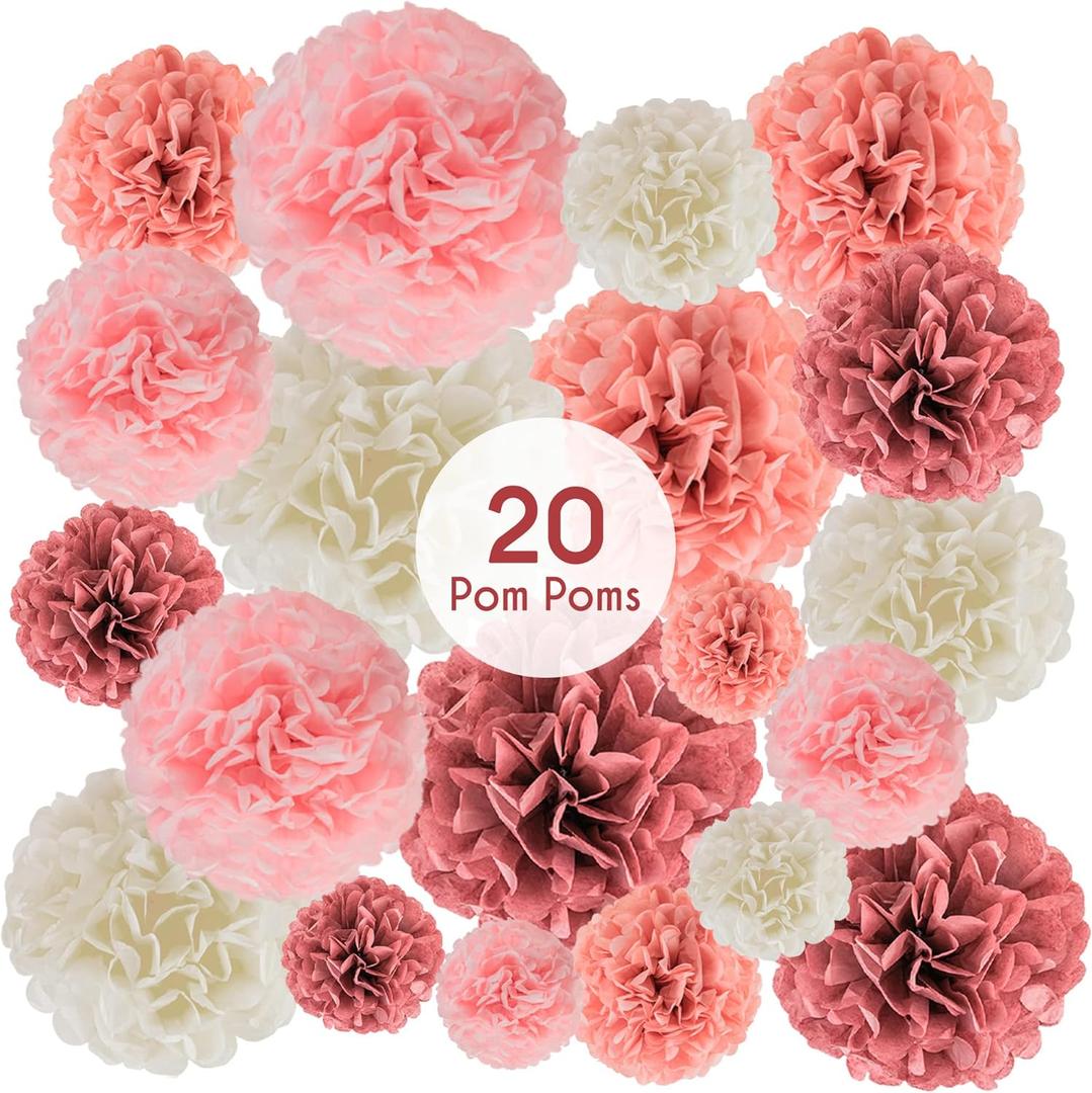 EpiqueOne 20 Piece Tissue Paper Pom Poms | Blush Pink, Dusty Rose, Mauve & Cream | Colorful Paper Flower Wall Decorations for Bridal Showers, Baby Showers, Weddings, Graduations, Tea Parties & More