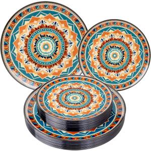 60PCS Bohemian Plastic Plates - Boho Plate Disposable - Vintage Bohemian Style Plate Include 30 Dinner and 30 Dessert Plates for Kitchen Party Decorative