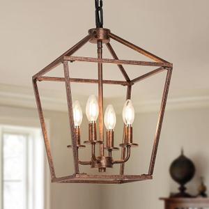 Chandelier for Dining Room, 4Light Rustic Chandelier Fixtures, Vintage Ceiling Light with Adjustable Height, Antique Bronze Geometric Hanging Light for Bedroom, Foyer, Kitchen, Living Room, Entryway