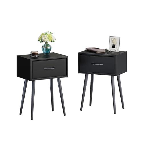 Small Black Nightstands Set of 2, Bedside Table with Fabric Drawer, Modern End Table with Metal Leg, Couch Side Table for Bedroom Living Room, Sofa, Office LNT504B