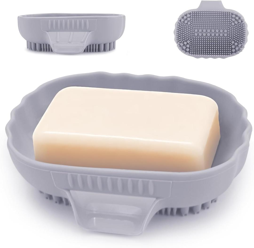 Silicone Self Draining Soap Dish Tray Holder Cute Sea Shell 25Slope for Bar Soap Saver Waterfall Drain Shower Bathroom Sink with Bristles Brush Keep Dry Purple Grey