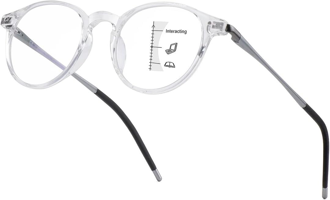 Exquisite Round Ultralight Progressive Multifocus Reading Glasses Women Men Durable Blue Light Blocking Anti EyeStrain/UV Multifocal Readers Spring HingeMid-Near Range 3ft, Top is Not 02.25 Clear