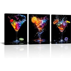 VANSEEING 3 Pieces Cocktail Wall Art Canvas Prints Colorful Sparkling Pictures Artwork Party Decoration Bar Pub Wall Decor Home Kitchen Dining Room Wall Decor 12"x16"x3