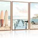HOURIA 3Pcs Summer Coastal Beach Canvas Wall Art (16"x24"), Summer Tropical Ocean Themed Wall Decor, Vintage Camper Van Boardwalk Surfboard Art Print for Living Room Bedroom Office
