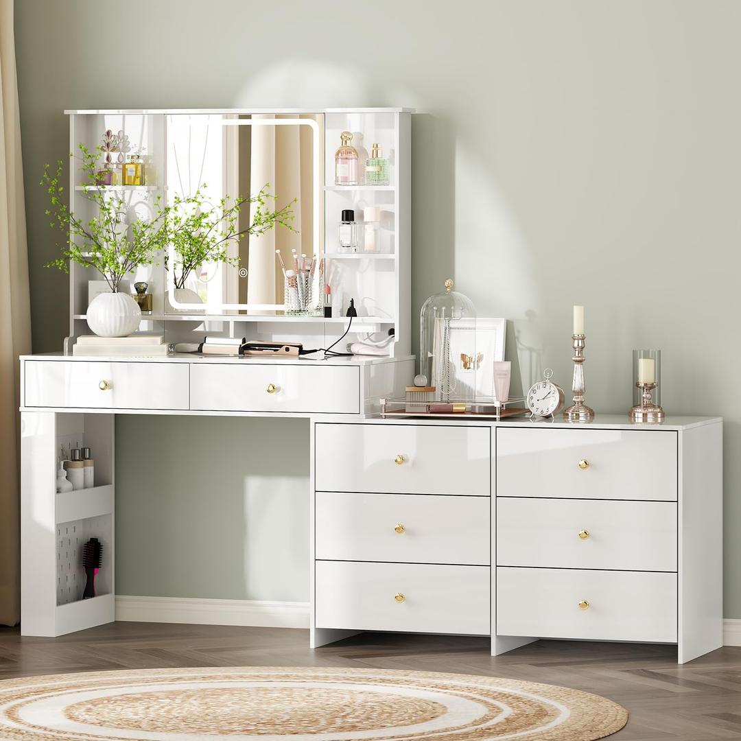 Makeup Vanity Desk with Mirror and Lights, Vanity Desk with 8 Drawers & Storage Shelves, Vanity Table with Power Outlet, 3 Color Modes & Adjustable Brightness Dressing Table, Bedroom,White (15.75D*40-68W*55.91H)