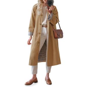 Tankaneo Women's Long Trench Coat Single Breasted Oversized Windproof Overcoat Fashion Outerwear (Small, Camel)