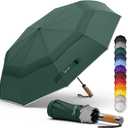 Royal Walk Windproof Folding Travel Umbrella Compact and Strong Luxurious Real Wood Handle Automatic Open Close Vented Double Canopy for Men and Women (Dark Green)