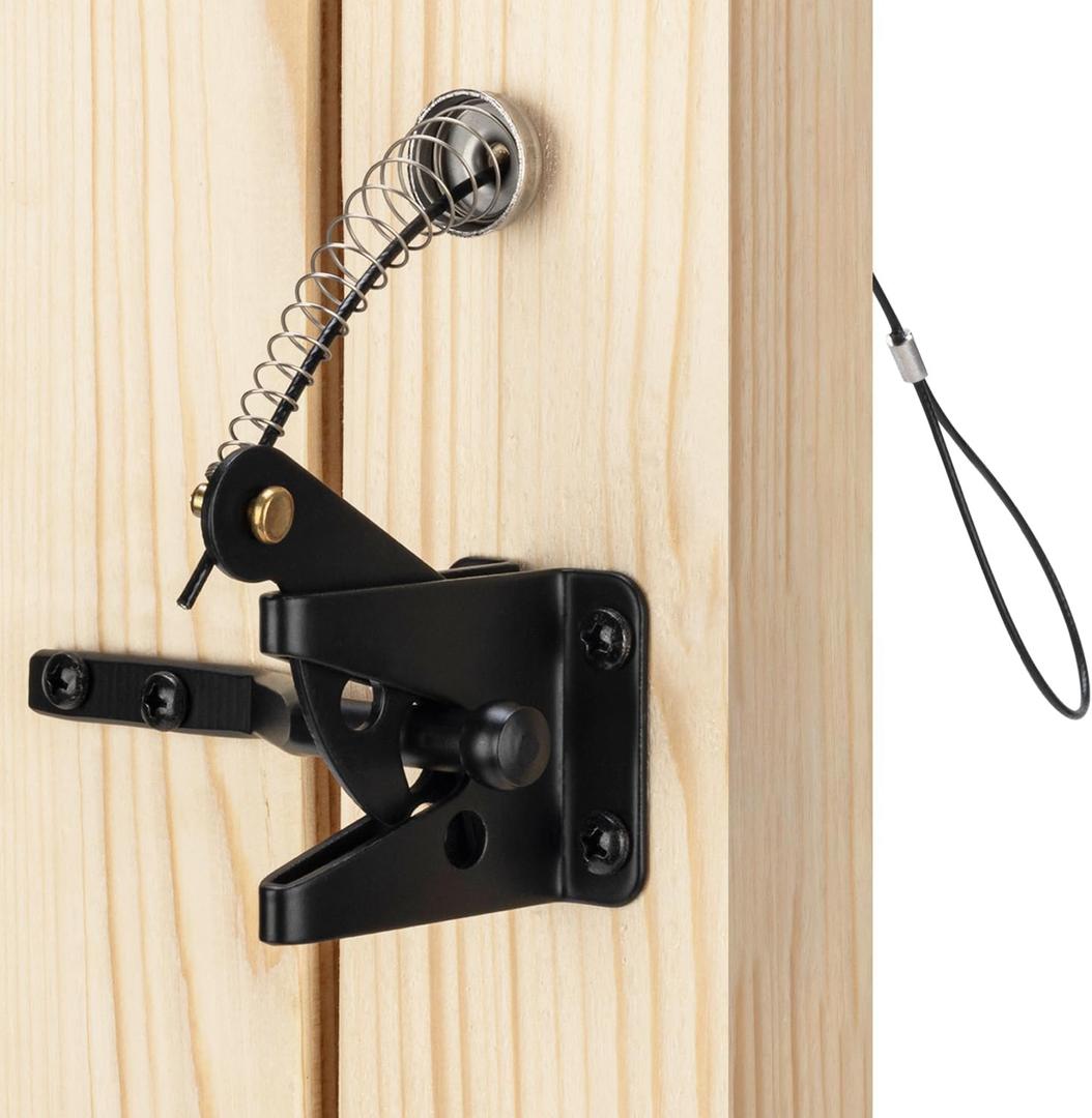 Self Locking Gate Latch with Spring Cable Pull for Wooden Fence Heavy Duty, Gravity Lever Fence Gate Latches for Outdoor Secure Pool Garden Shed, Black Finish, 2 Pack