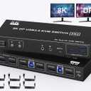 Displayport KVM Switch 2 Monitors 2 Computers with Audio Jack - 8k@60HZ 4K@144Hz Dual Monitor Kvm Switch with 3 USB 3.0 Port Sharing Keyboard Mouse, Included Wired Remote 2 Cables Displayport Switch (Black)